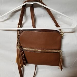 Classic Brown Tassel Crossbody Bag with Gold Accents